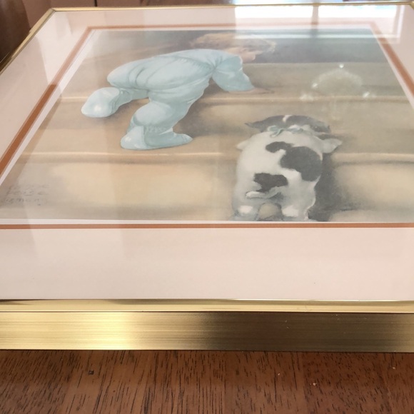 Picture with frame and glass climbing stairs boy and puppy very good condition - Picture 3 of 3